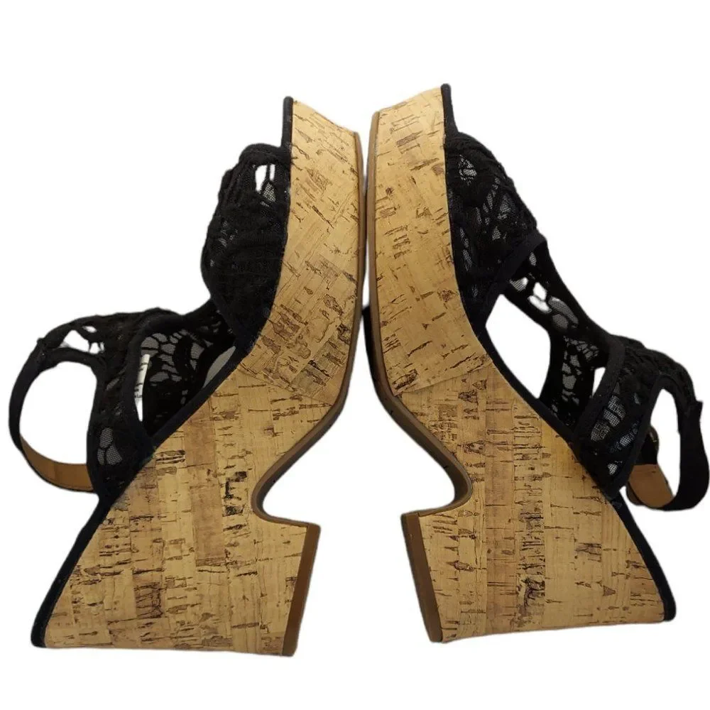 American Eagle Black Lace Peep Toe Wedge